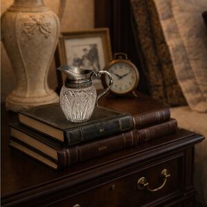 Antique Cut Glass Creamer Pitcher w/ Pewter Top & Handle Estate Mini Jug